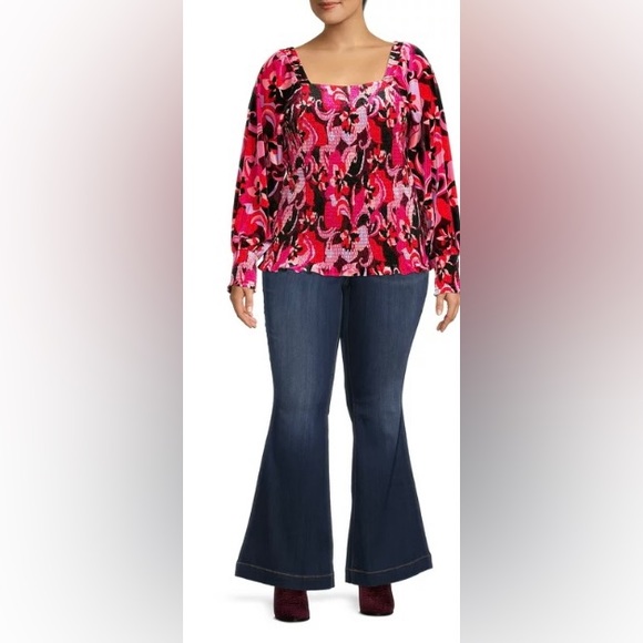 Terra & Sky pink, red, lavender & black velvet smocked top size 0x(14W) - Picture 2 of 10